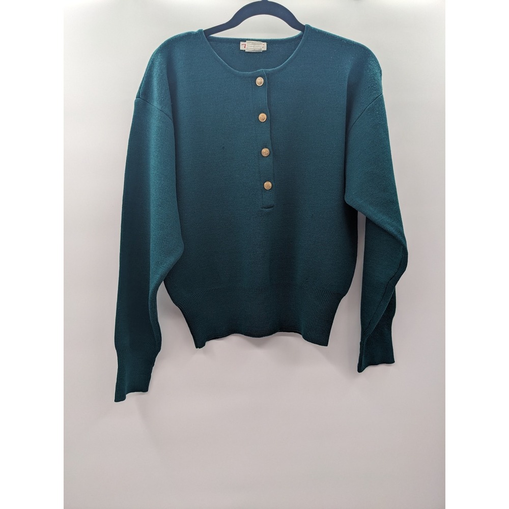 Talbots Vintage 100% Wool Henley Sweater Hunter Green Gold Buttons Medium